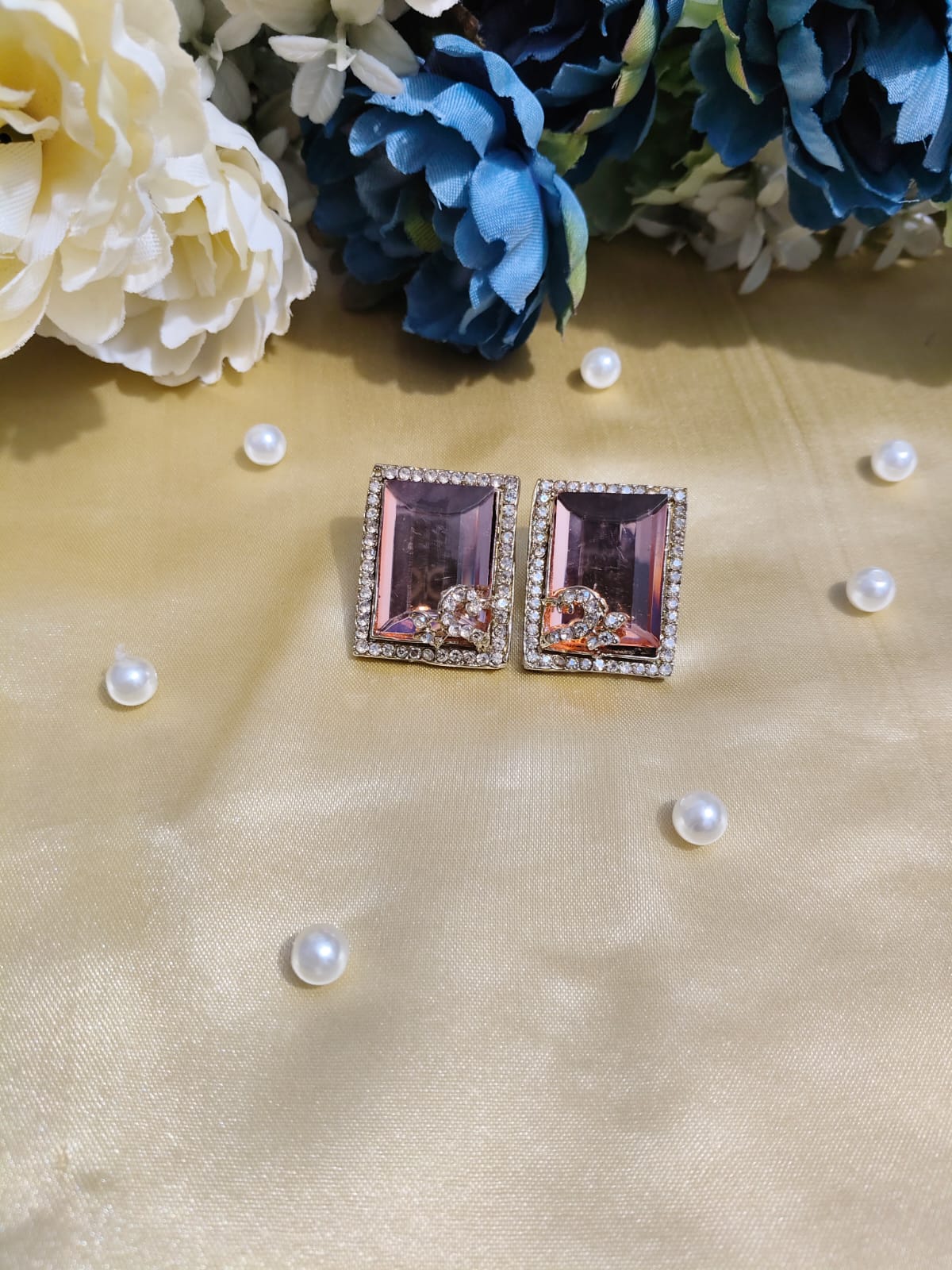 Rose Glam Rectangle Crystal Studs