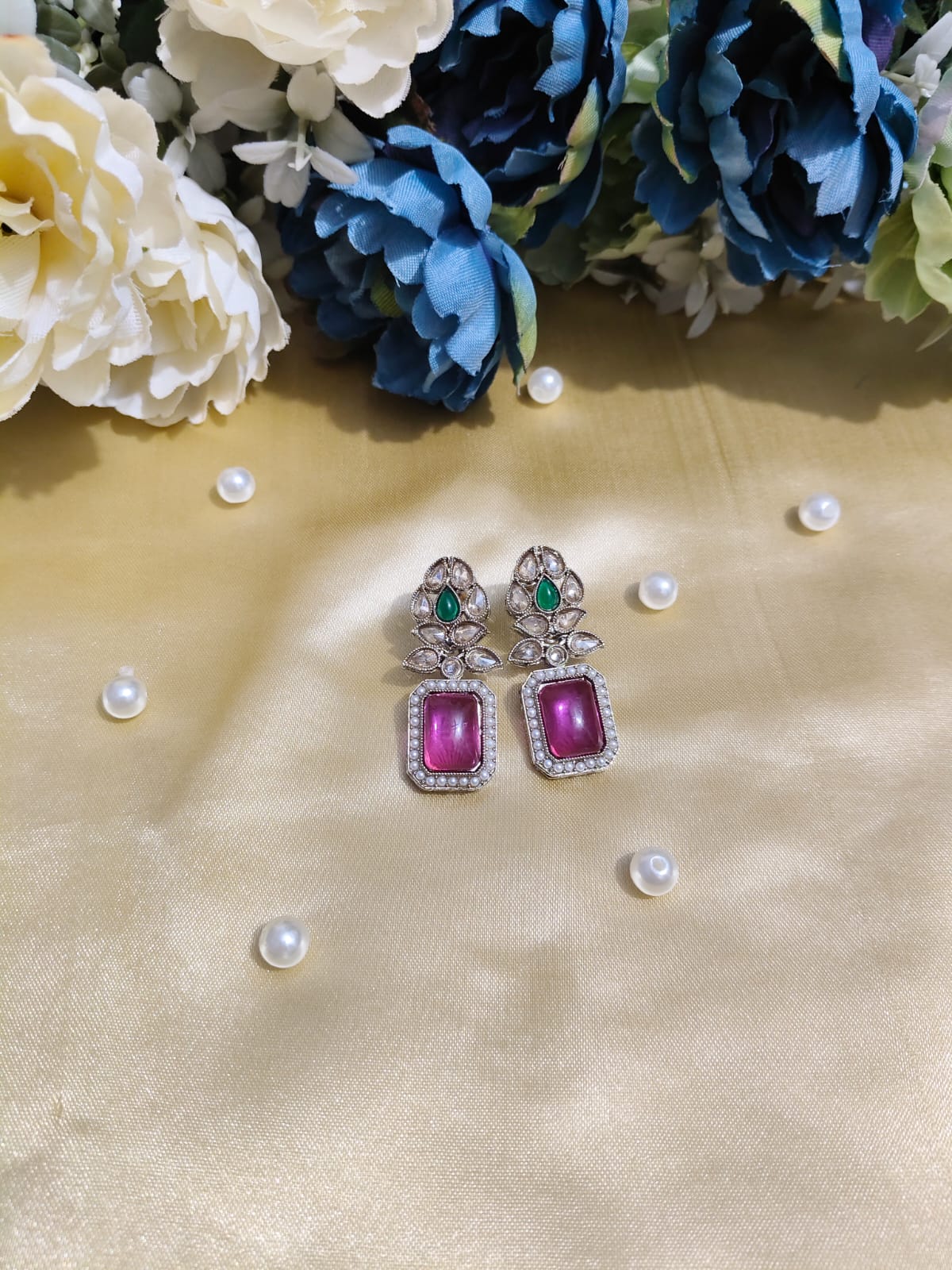 Meher Pink & Emerald Drop Earrings