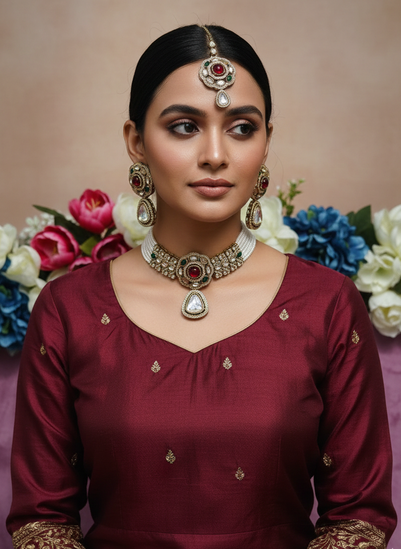 Regal Ruby & Pearl Festive Necklace Set