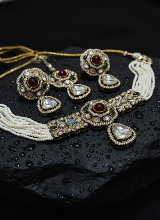 Regal Ruby & Pearl Festive Necklace Set